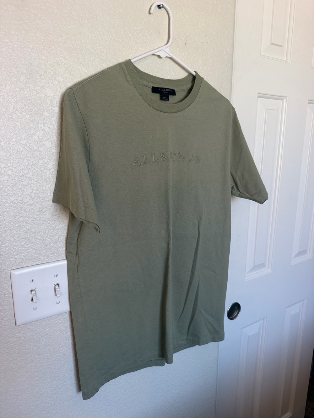 All Saints Olive Green Embroidered Logo Crew Neck Tee NWOT